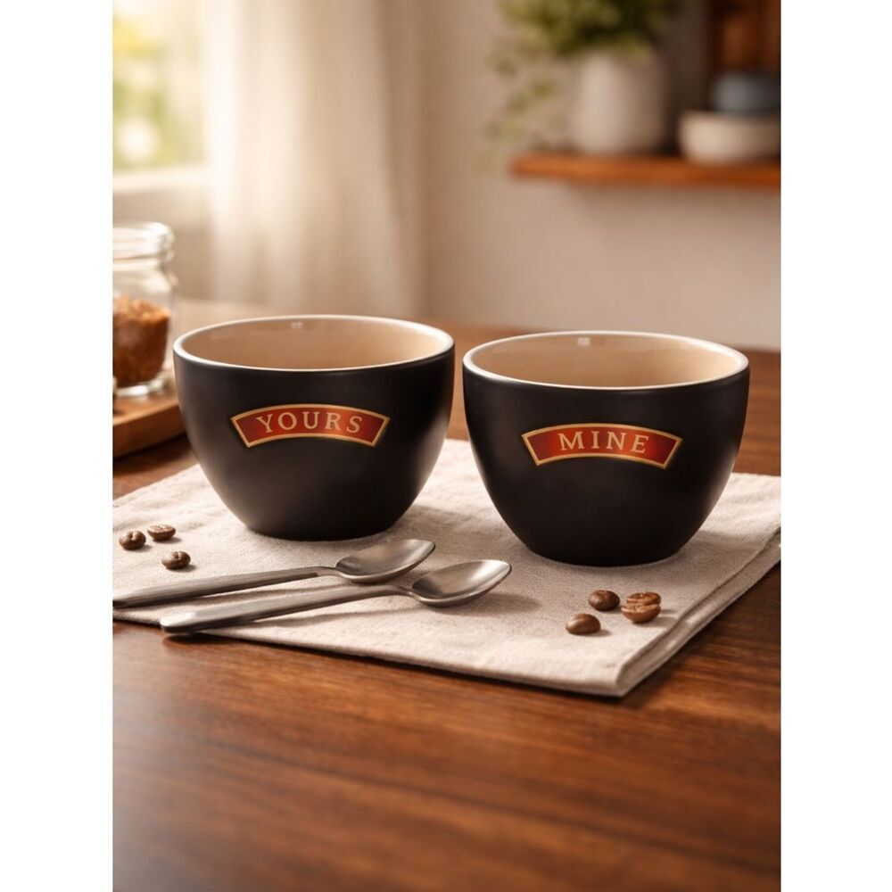 EUC Bailey’s Irish Cream “Mine & Yours” Mugs Desert Bowls Black Ceramic Cup